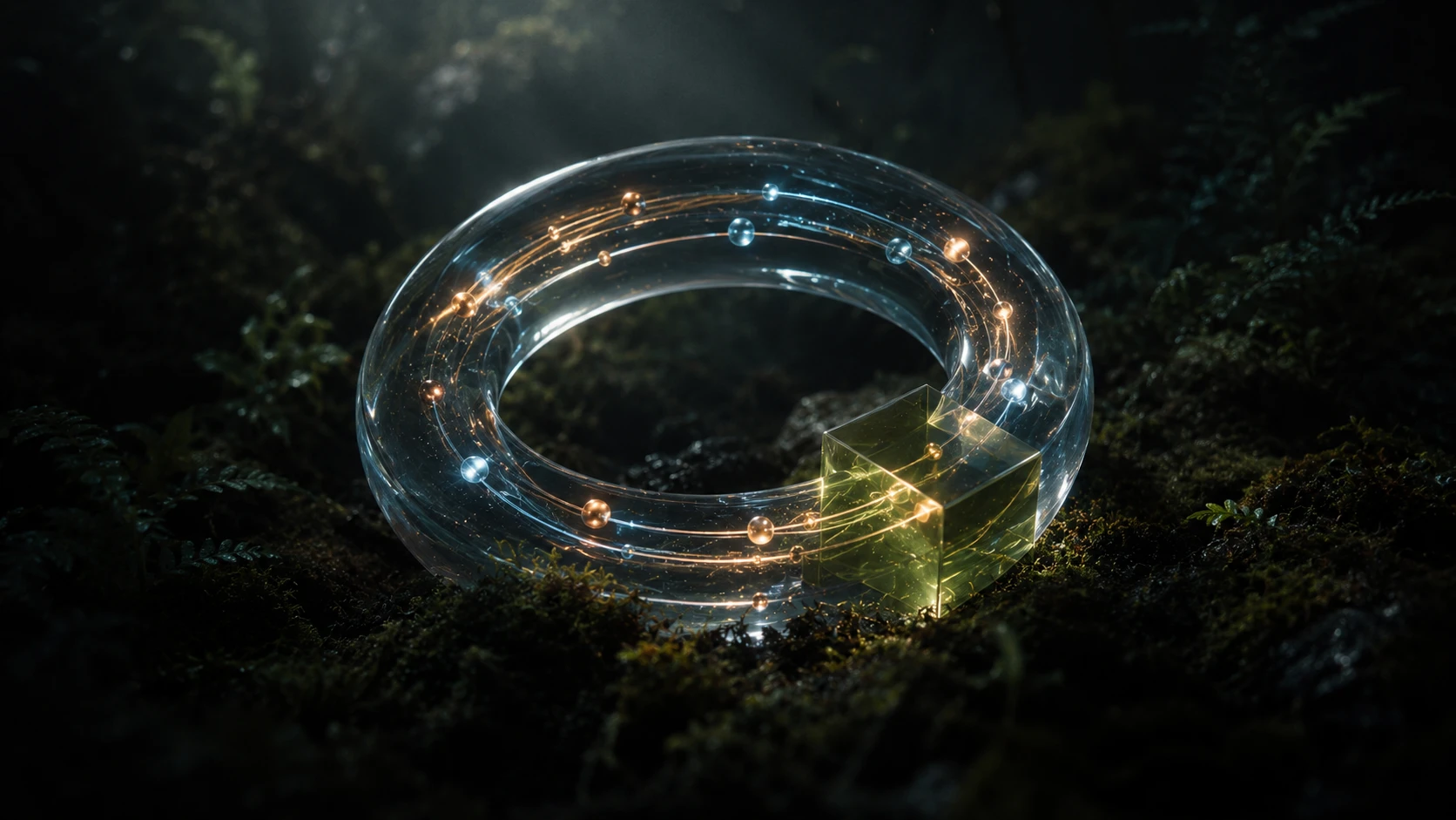 A transparent glass ring with copper and ice-blue particles circulating through it