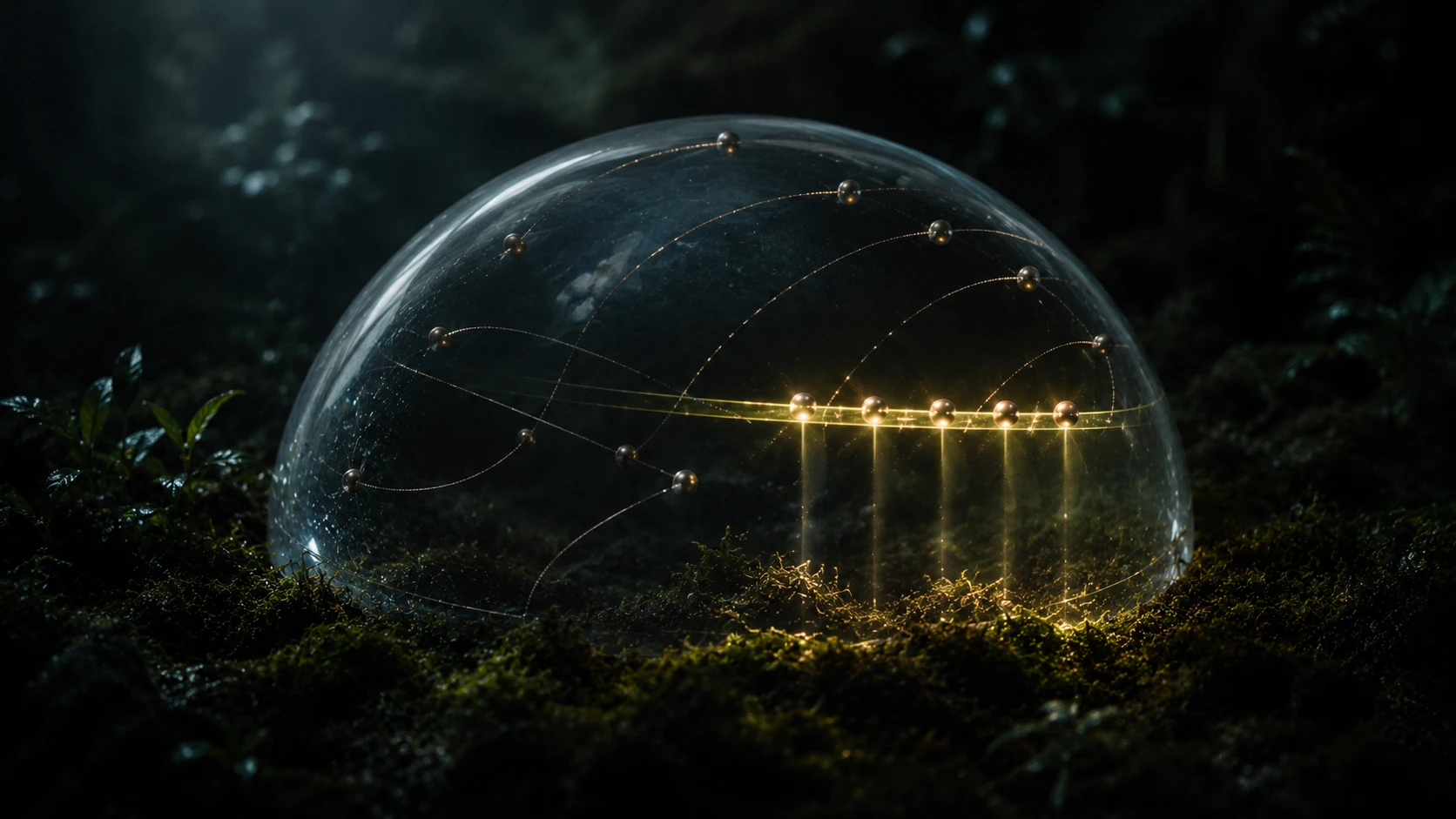 A glass hemisphere with metallic spheres reaching an aligned band of warm light