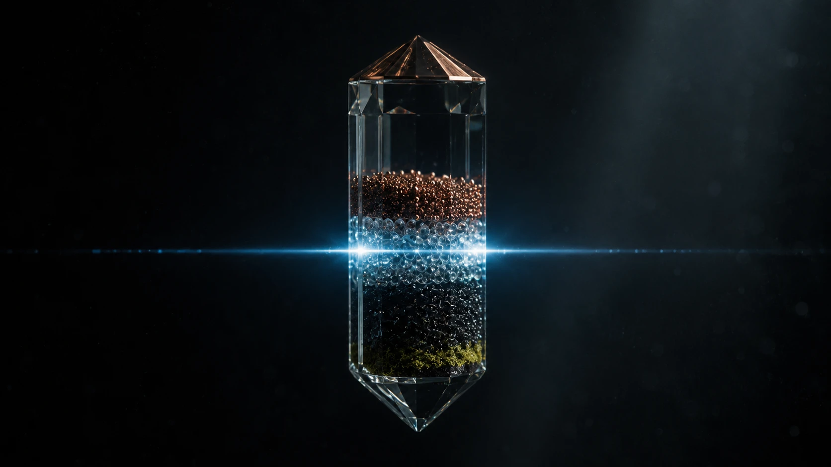 A layered crystal vessel showing different materials under an ice-blue calibration beam